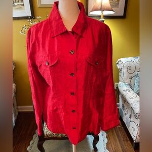 Chico’s bright red raw silk button front long sleeve top or shacket. Size 2 (L).